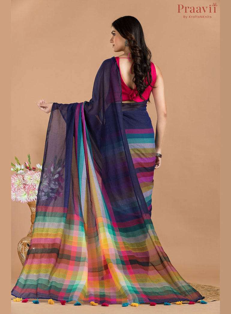 Deep Blue Rainbow Mulmul Cotton Saree