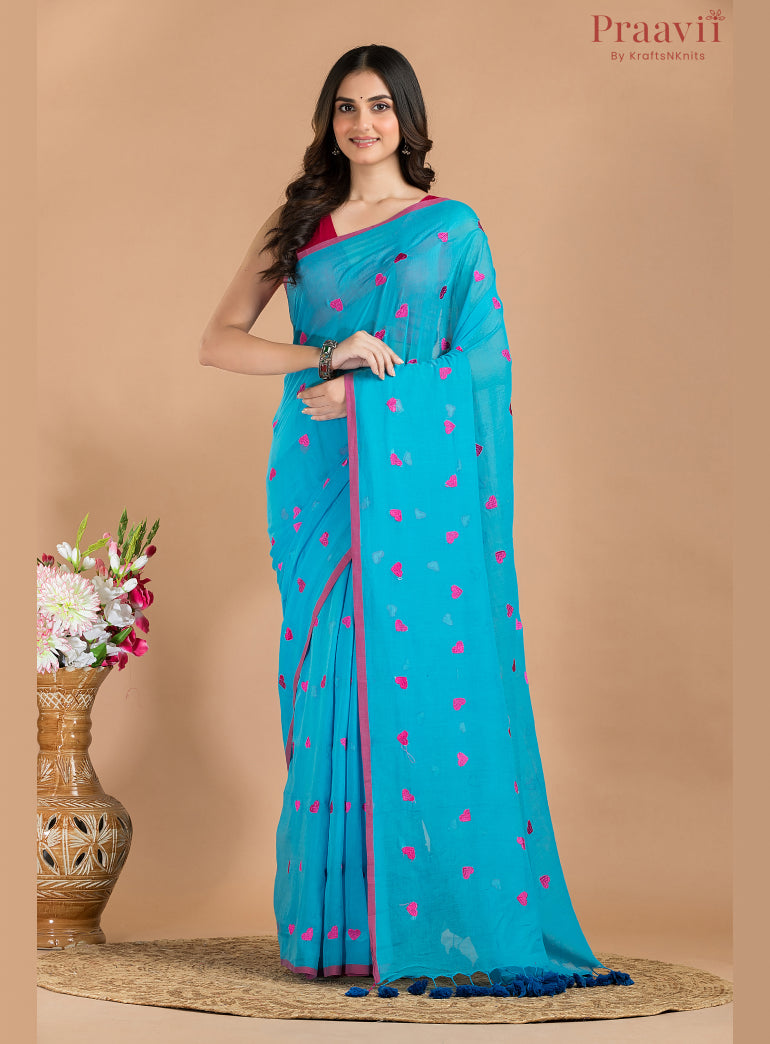 Blue Mul cotton Saree with heart enbroidery