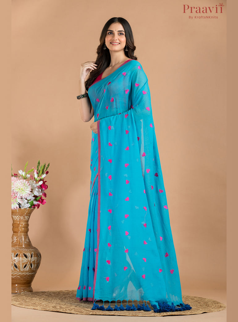 Blue Mul cotton Saree with heart enbroidery