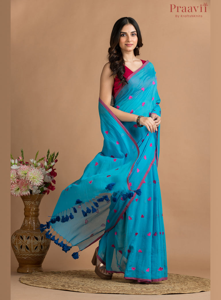 Blue Mul cotton Saree with heart enbroidery