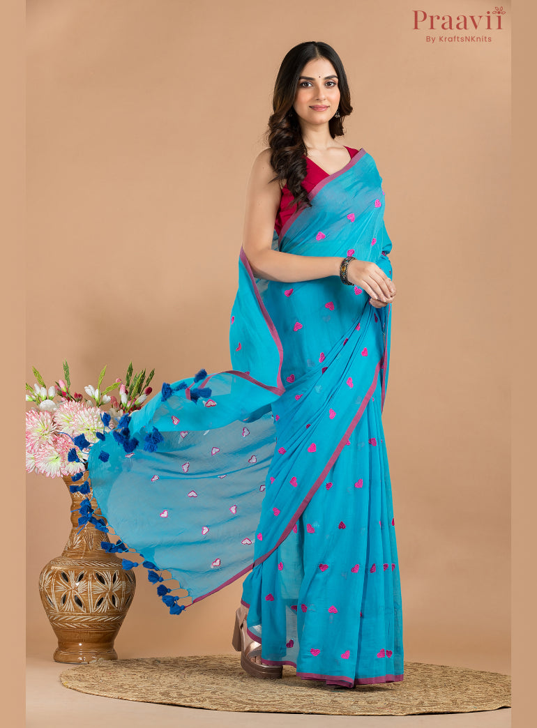 Blue Mul cotton Saree with heart enbroidery
