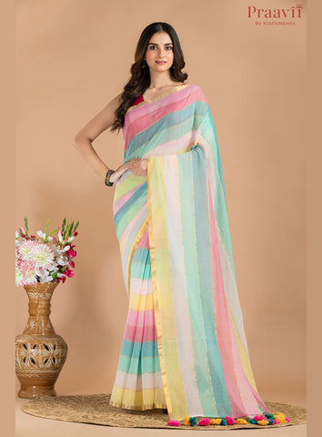Pastel Rainbow Mulmul Cotton Saree