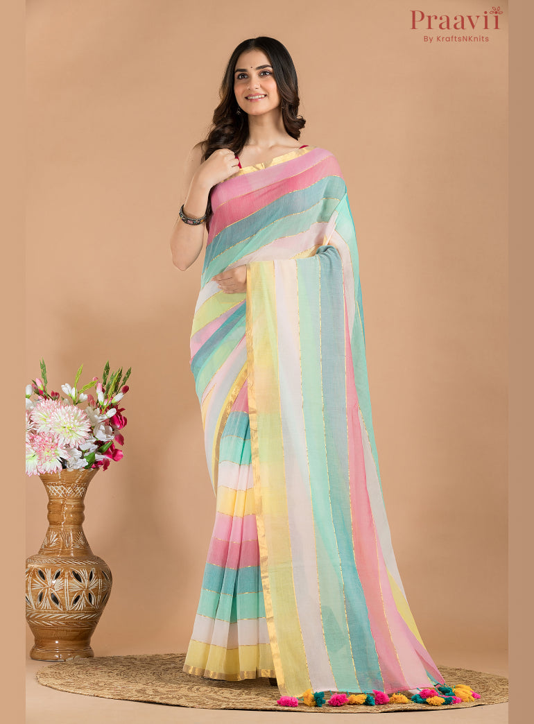 Pastel Rainbow Mulmul Cotton Saree