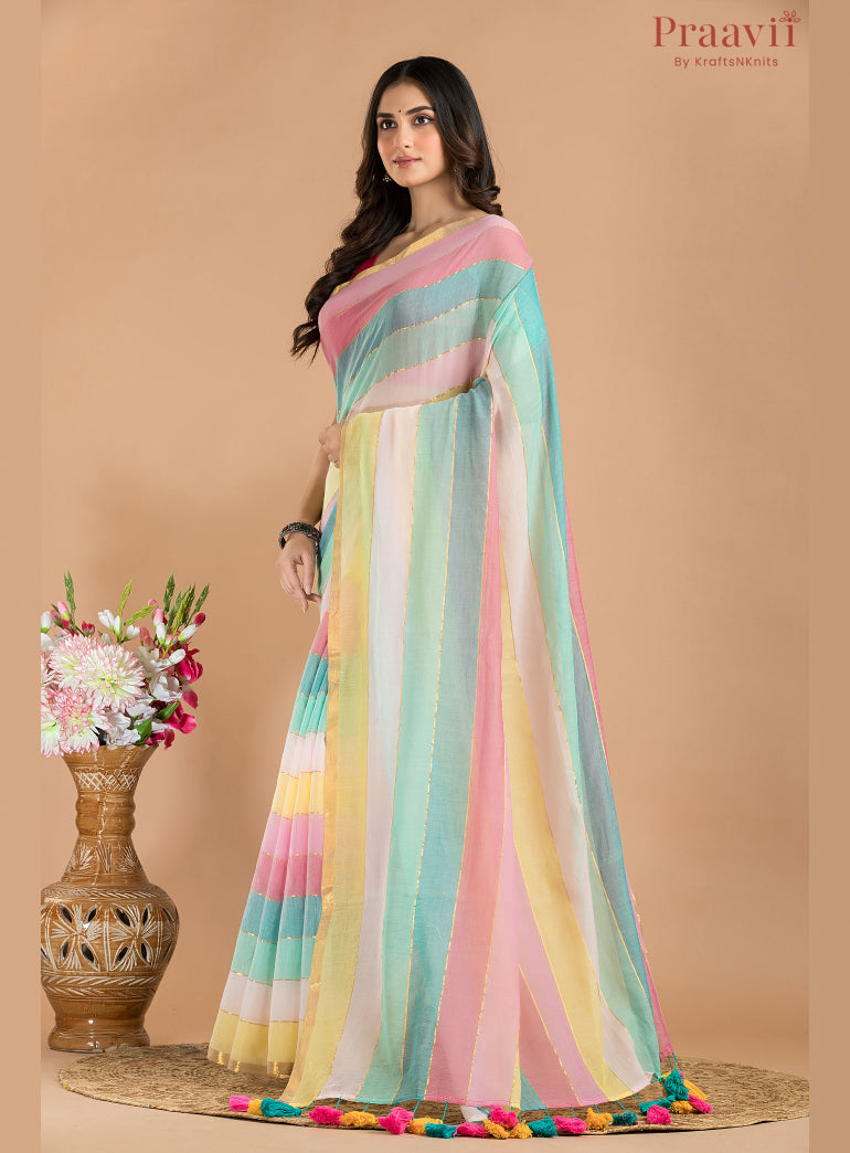 Pastel Rainbow Mulmul Cotton Saree