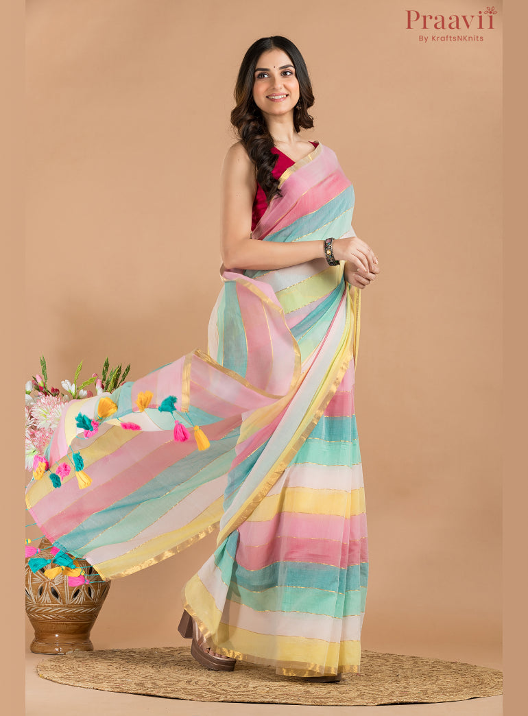 Pastel Rainbow Mulmul Cotton Saree