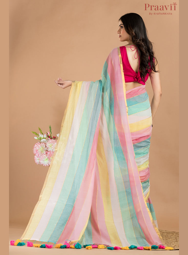 Pastel Rainbow Mulmul Cotton Saree