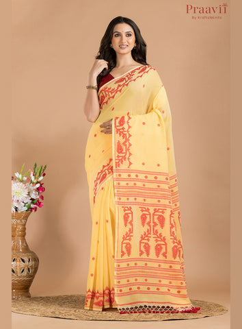 Yellow & Red Cotton Jamdani Saree
