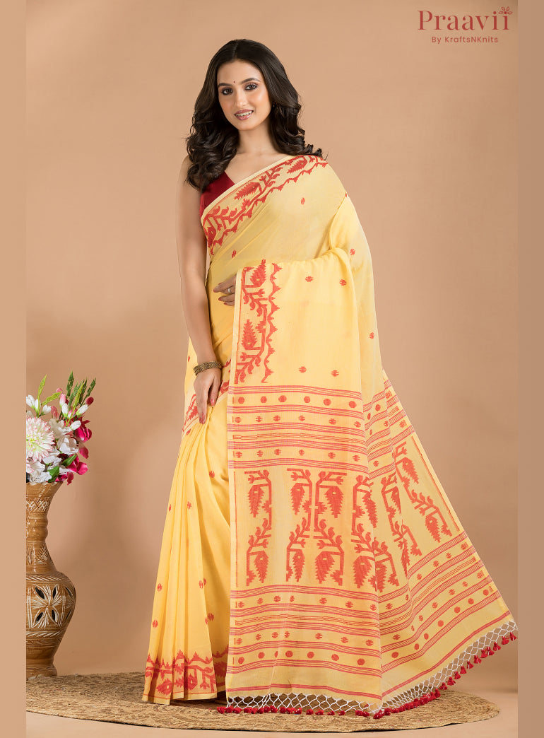 Yellow & Red Cotton Jamdani Saree