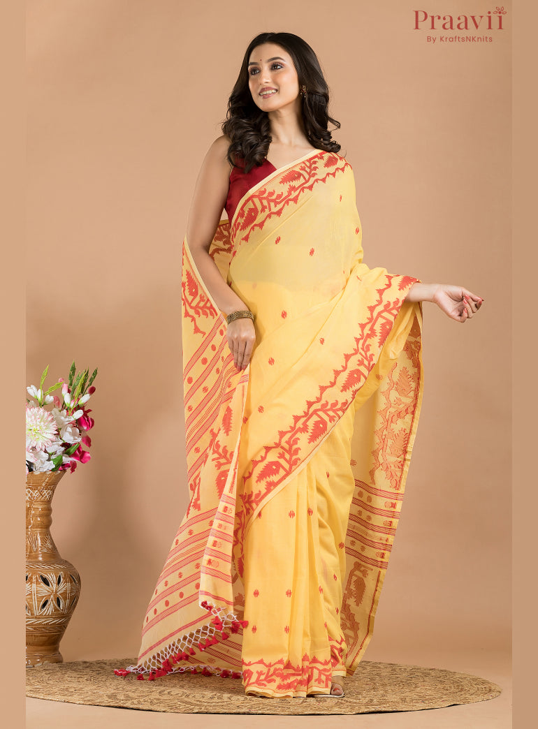Yellow & Red Cotton Jamdani Saree