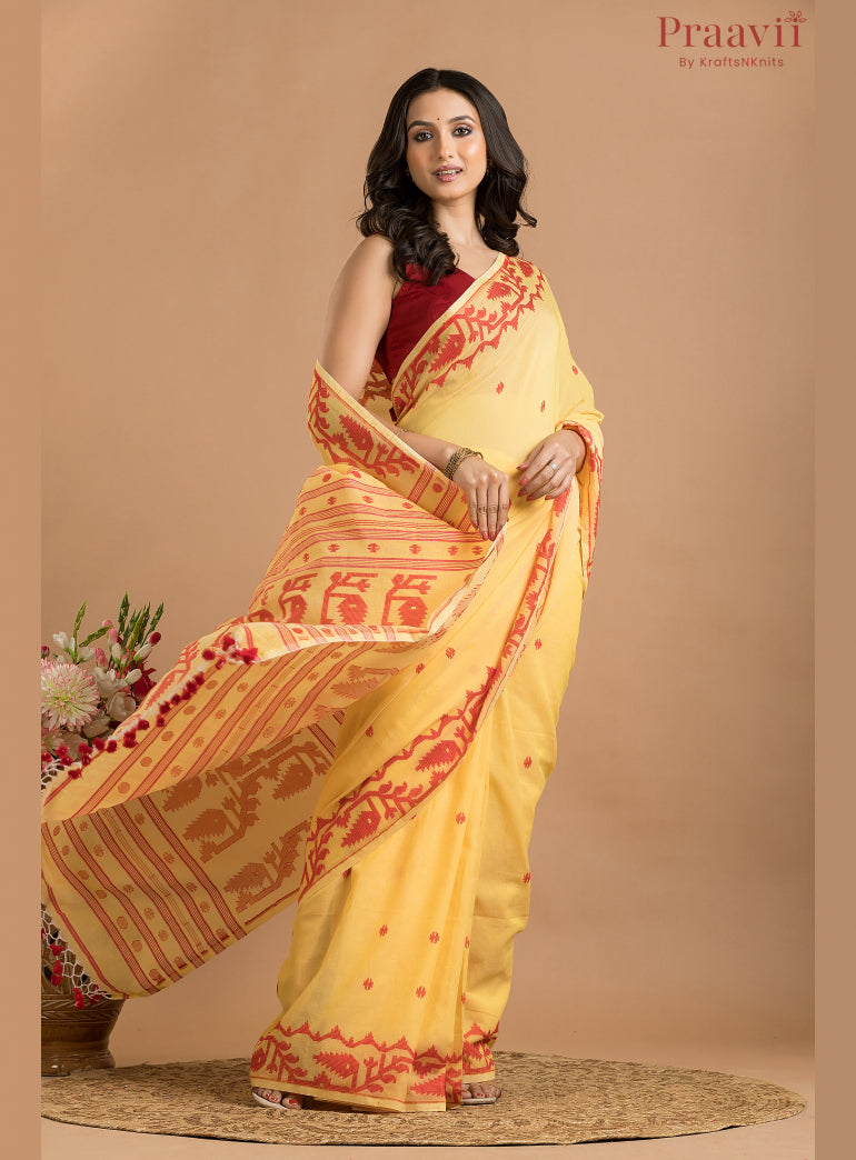 Yellow & Red Cotton Jamdani Saree