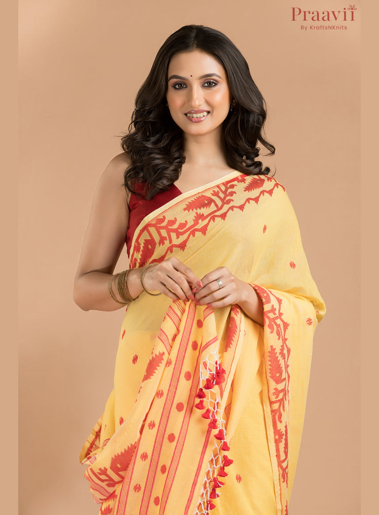 Yellow & Red Cotton Jamdani Saree