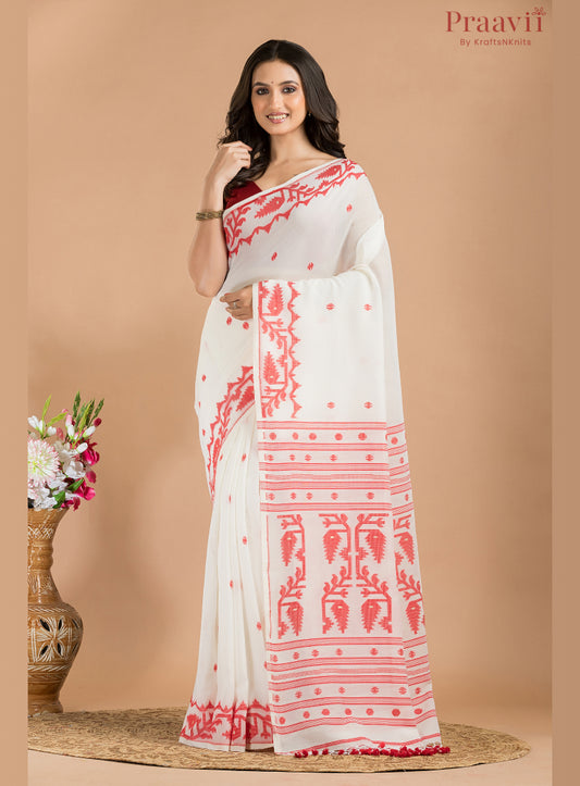 White & Red Cotton Jamdani Saree