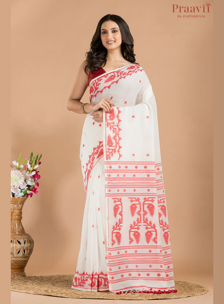 White & Red Cotton Jamdani Saree