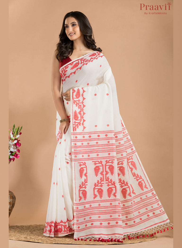 White & Red Cotton Jamdani Saree