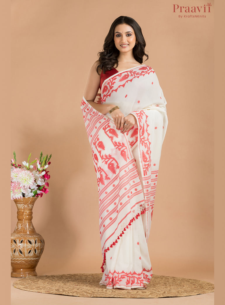White & Red Cotton Jamdani Saree