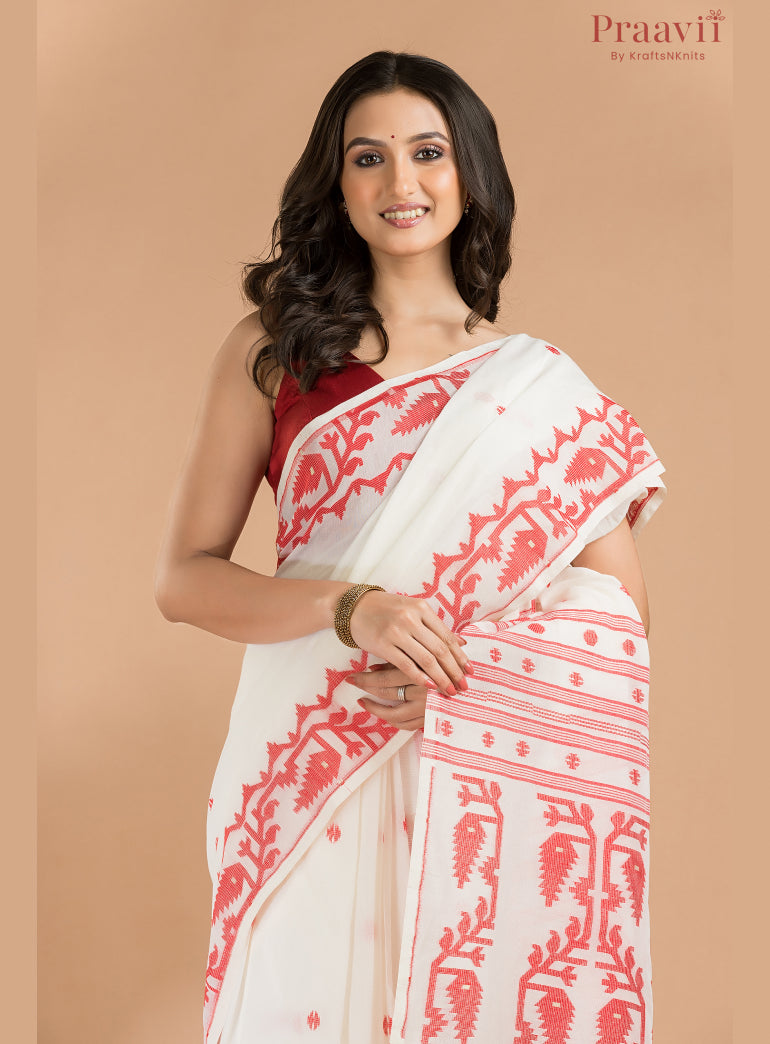 White & Red Cotton Jamdani Saree