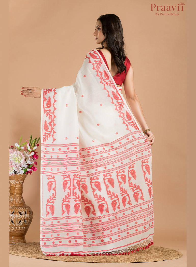 White & Red Cotton Jamdani Saree
