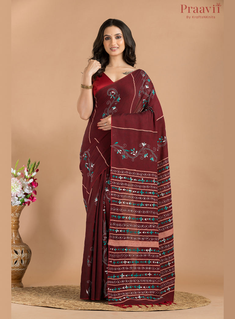 Maroon Cotton Kantha Saree