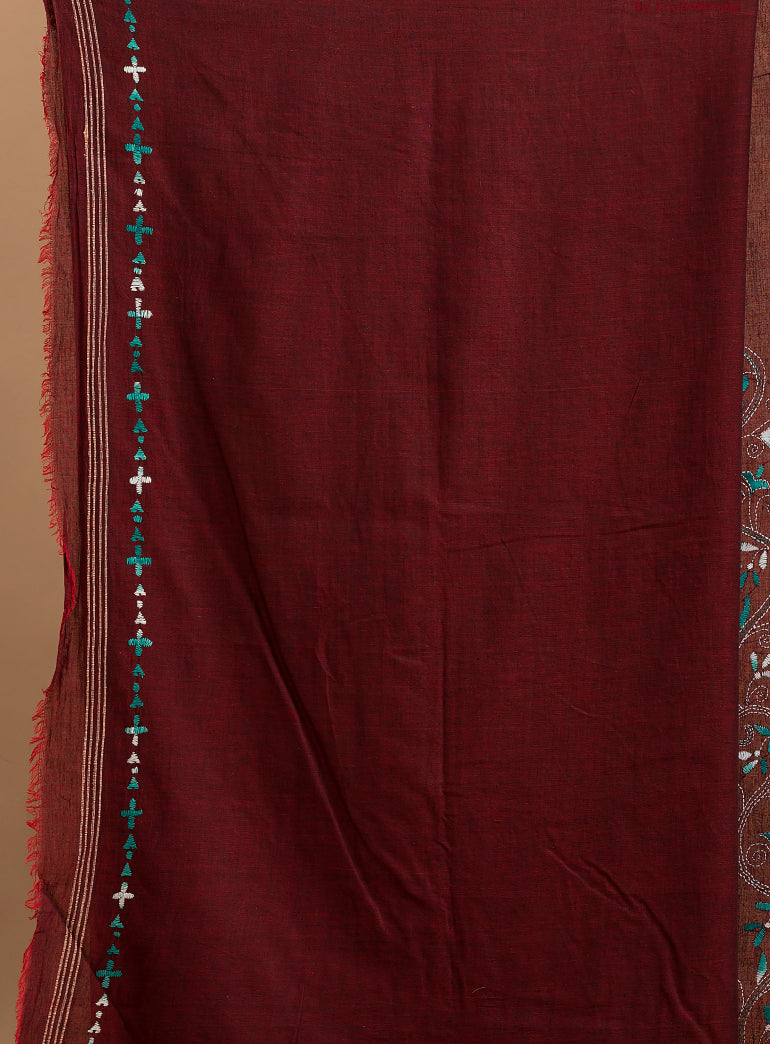 Maroon Cotton Kantha Saree