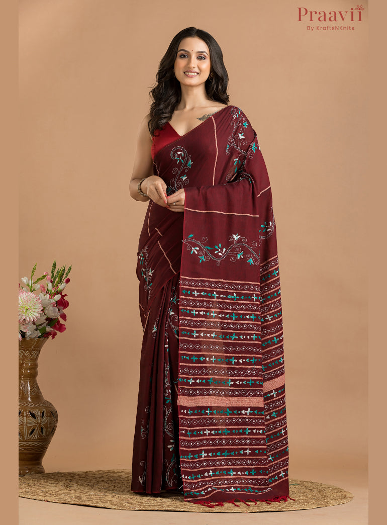 Maroon Cotton Kantha Saree