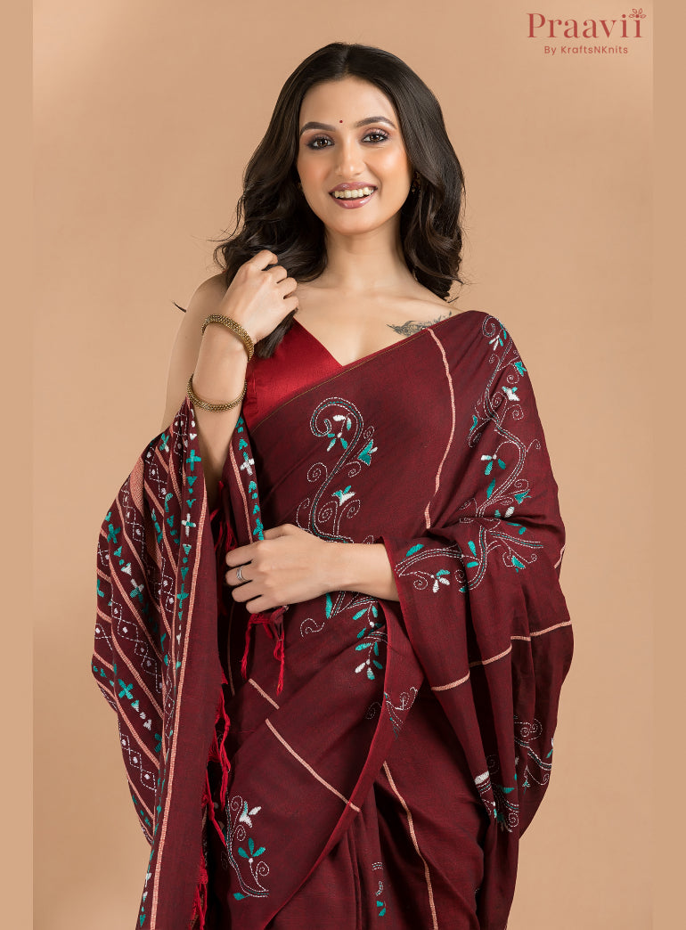 Maroon Cotton Kantha Saree