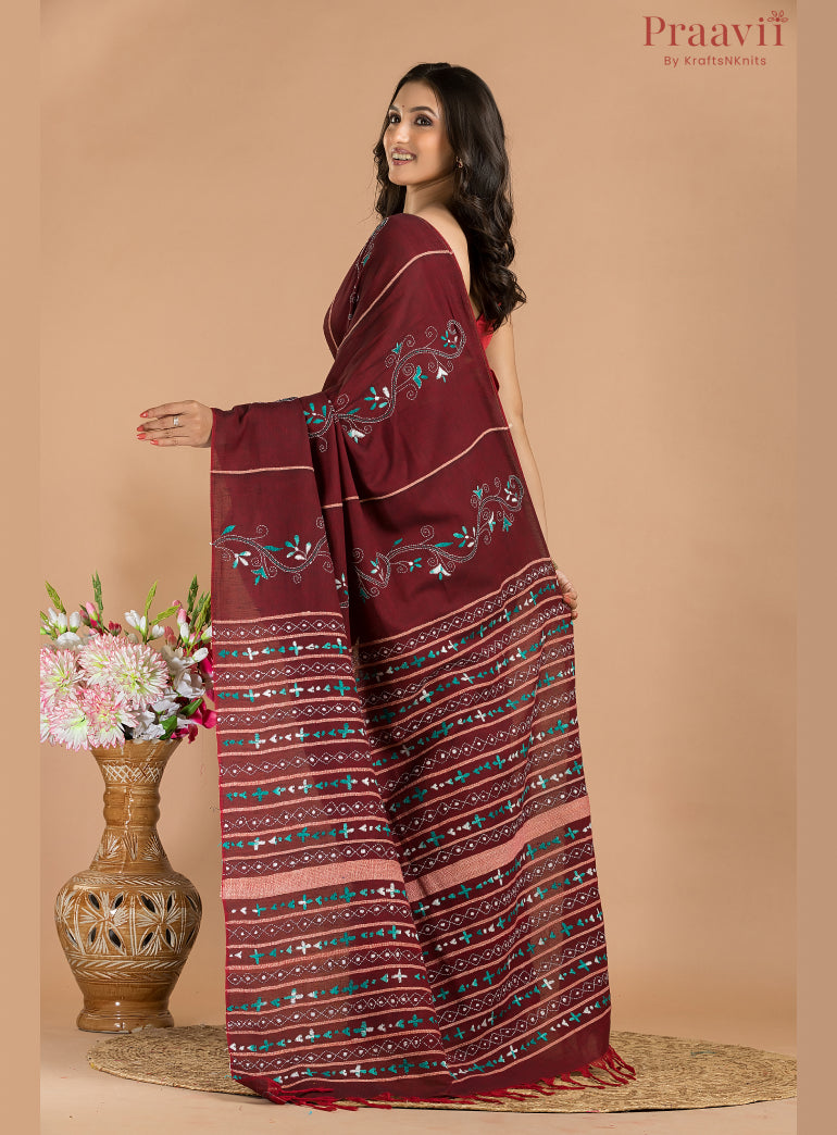 Maroon Cotton Kantha Saree