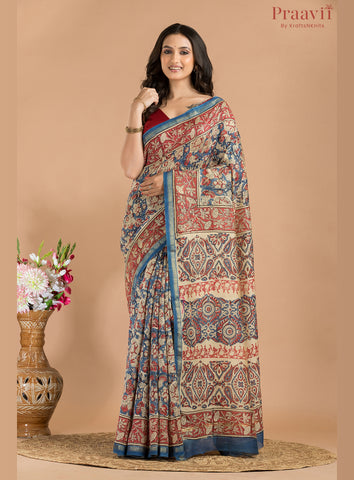 Red & Blue Printed Cotton Chanderi Saree