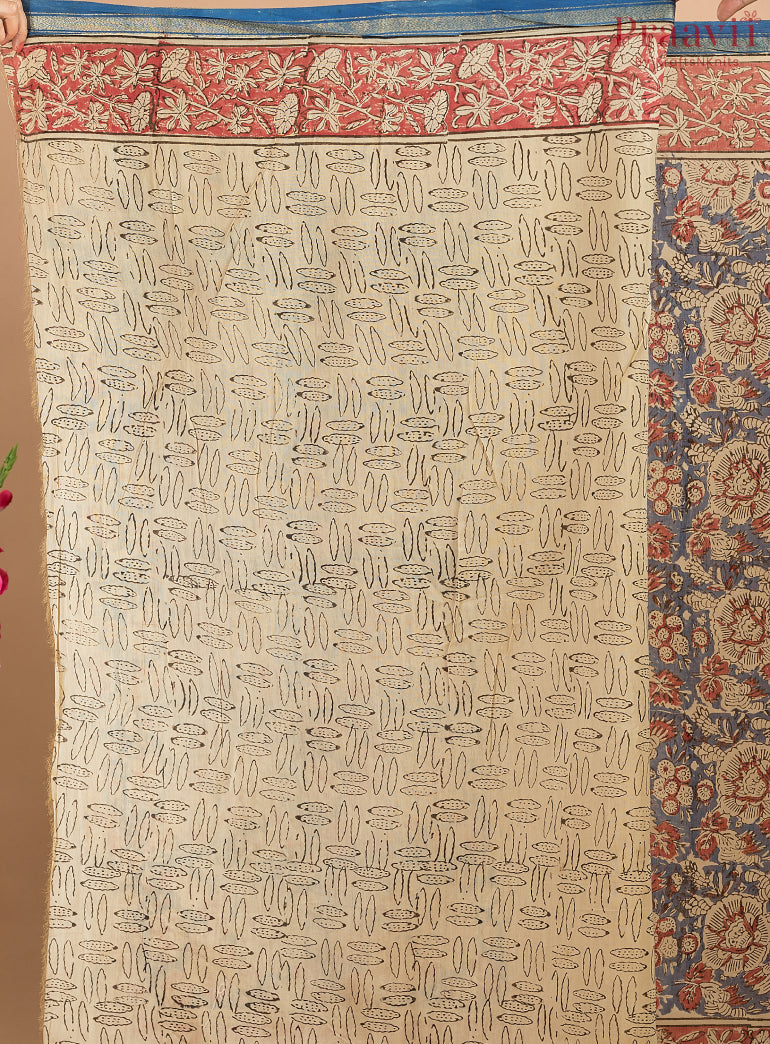 Red & Blue Printed Cotton Chanderi Saree