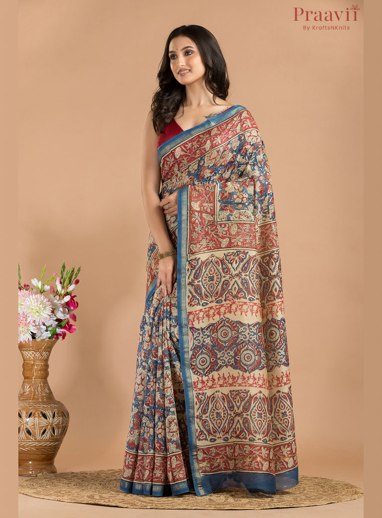 Red & Blue Printed Cotton Chanderi Saree