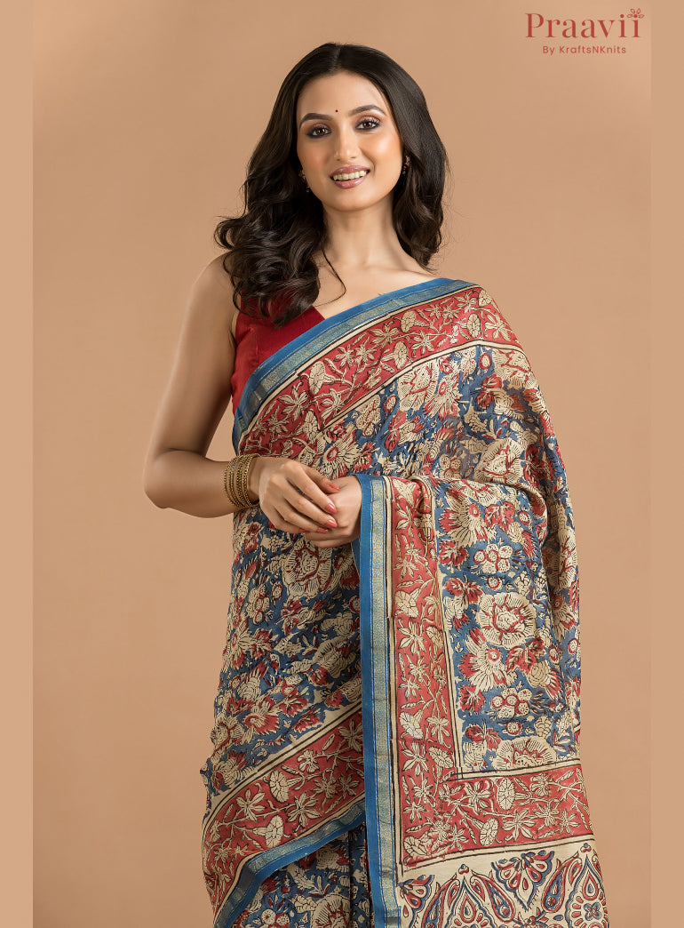 Red & Blue Printed Cotton Chanderi Saree