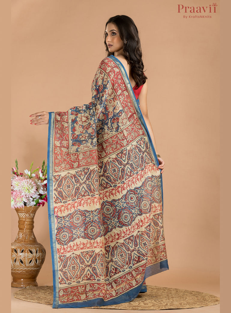 Red & Blue Printed Cotton Chanderi Saree