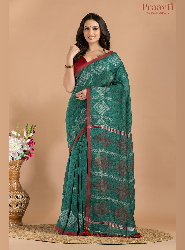 Bottle Green Linen Saree