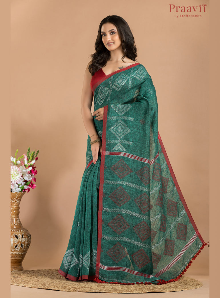 Bottle Green Linen Saree