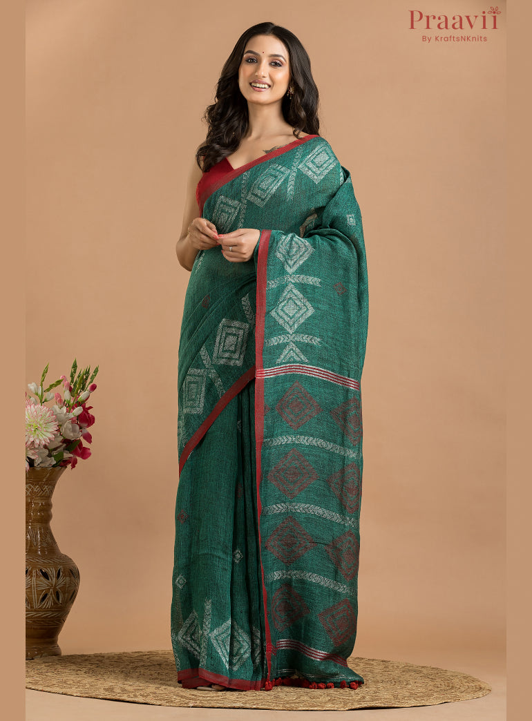 Bottle Green Linen Saree