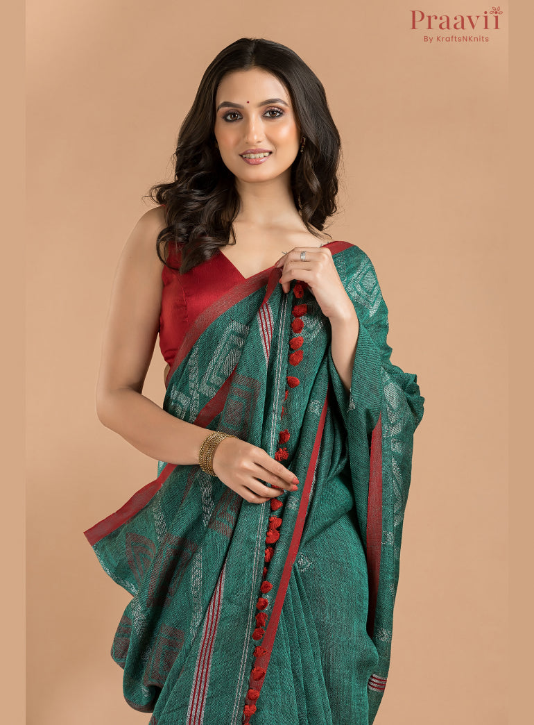 Bottle Green Linen Saree