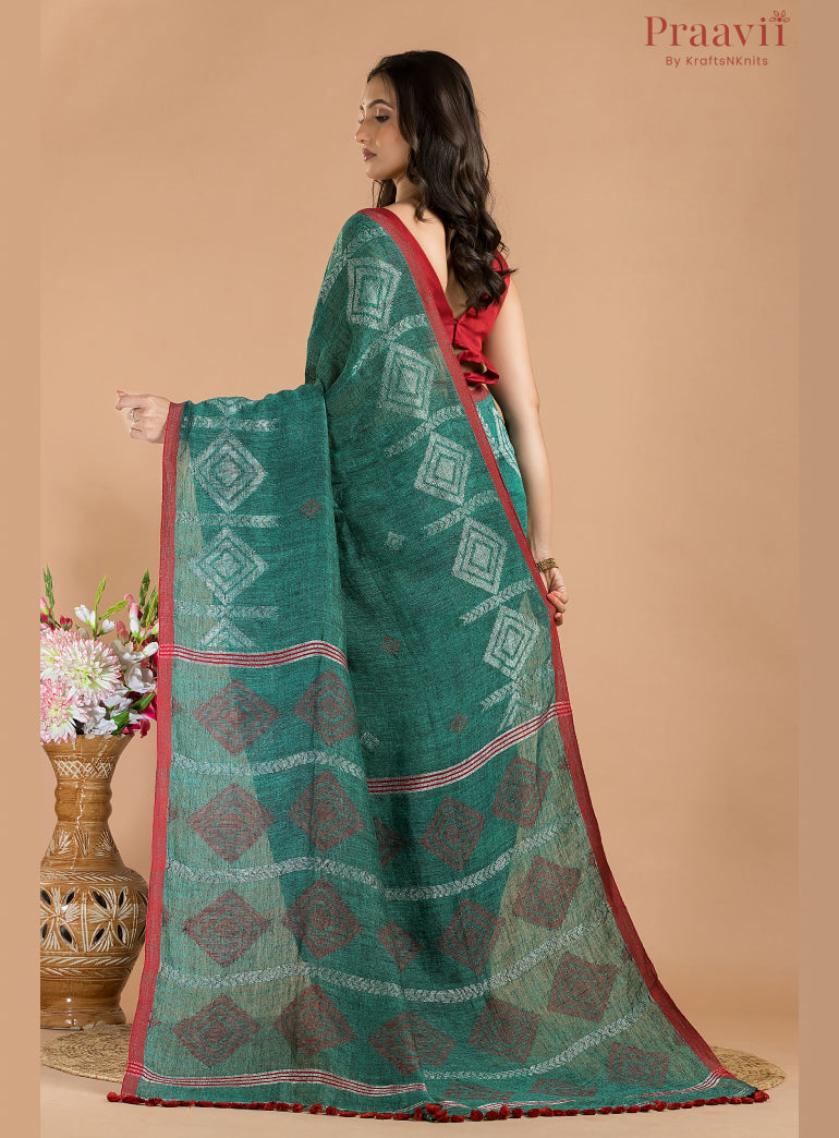 Bottle Green Linen Saree