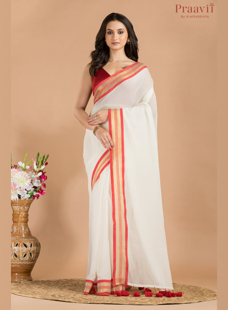 White Mulmul Cotton Saree