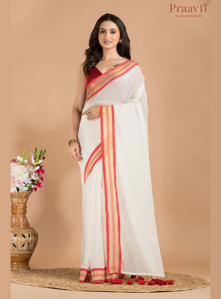 White Mulmul Cotton Saree