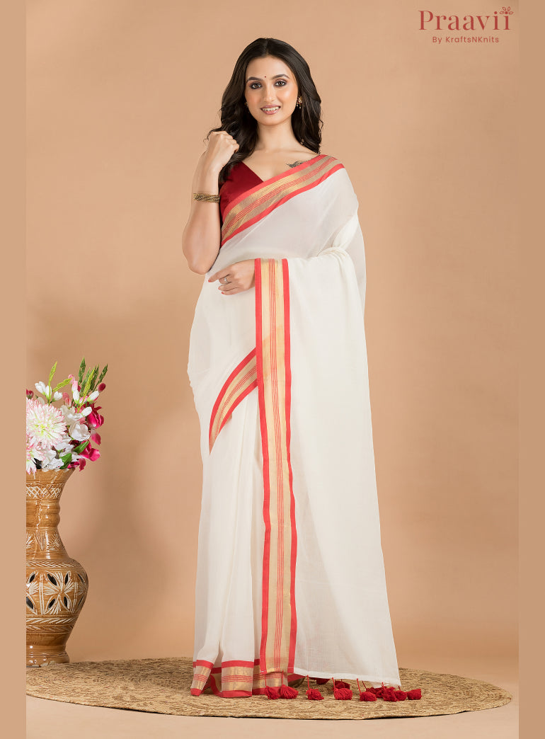White Mulmul Cotton Saree