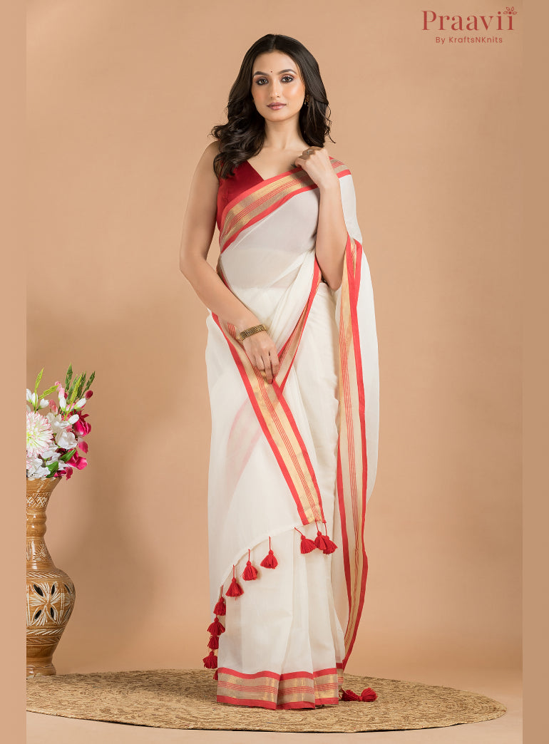 White Mulmul Cotton Saree