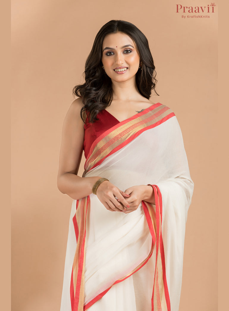 White Mulmul Cotton Saree