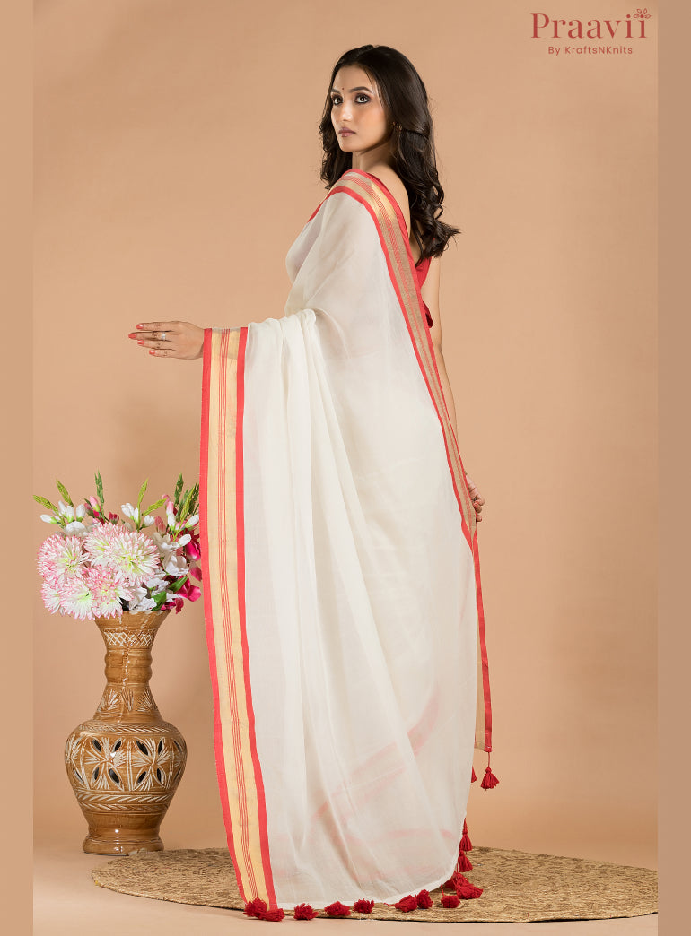 White Mulmul Cotton Saree