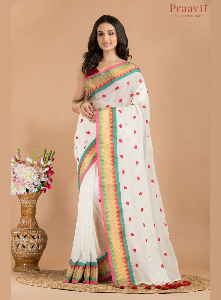 White Mulmul Cotton Saree with Embroidery