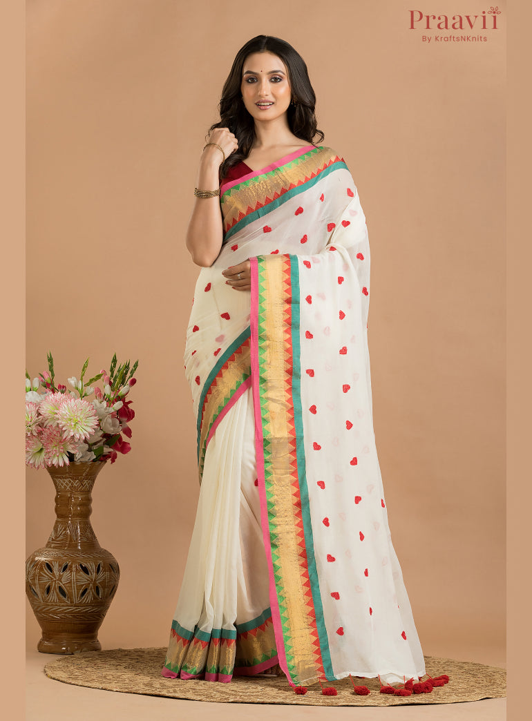 White Mulmul Cotton Saree with Embroidery