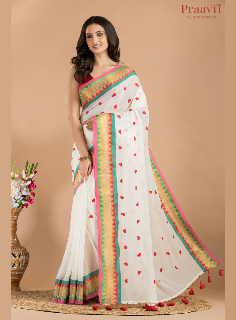 White Mulmul Cotton Saree with Embroidery