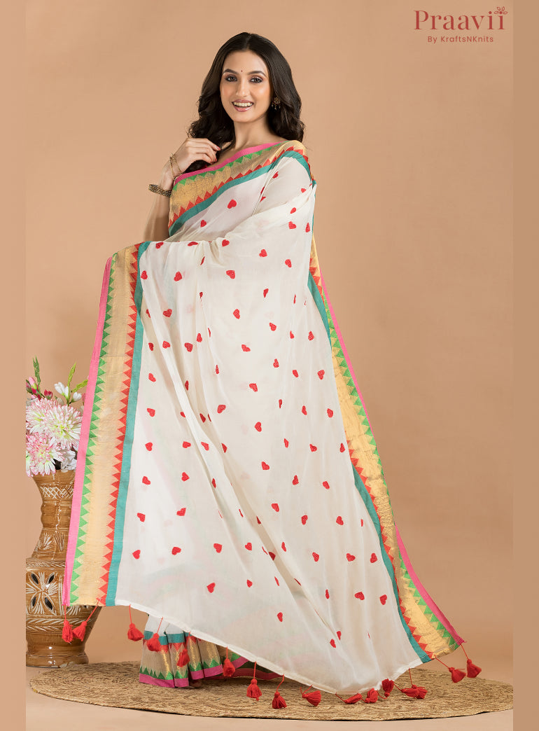 White Mulmul Cotton Saree with Embroidery