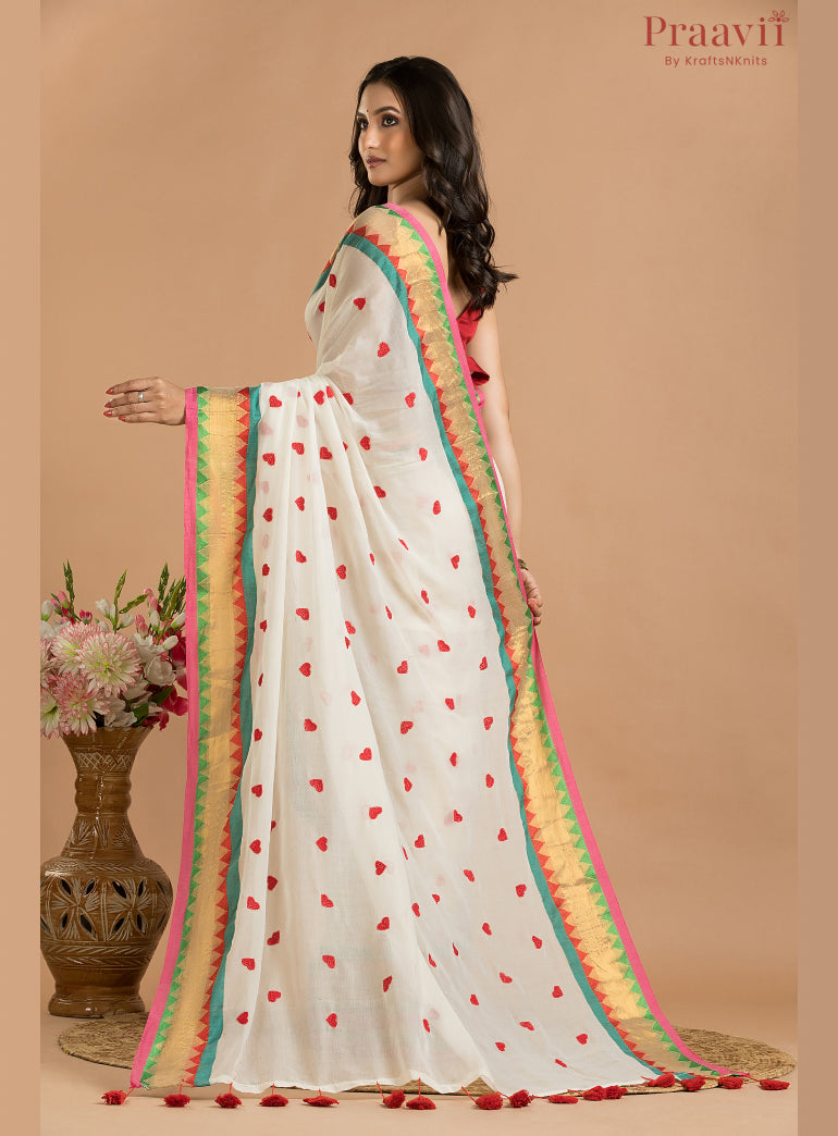 White Mulmul Cotton Saree with Embroidery