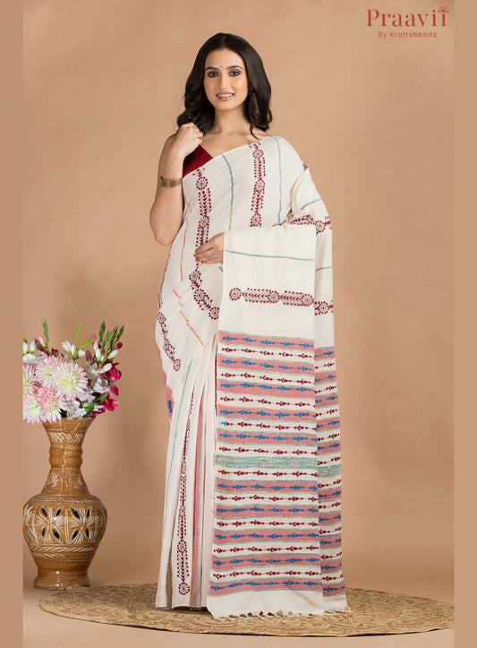 White Cotton Kantha Saree