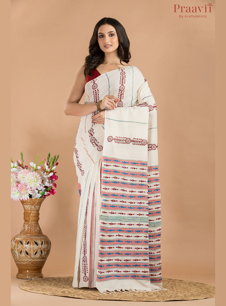 White Cotton Kantha Saree