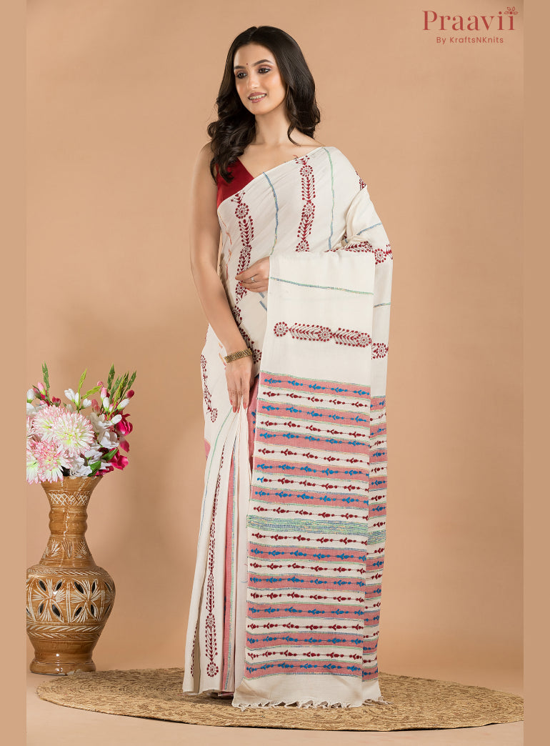 White Cotton Kantha Saree